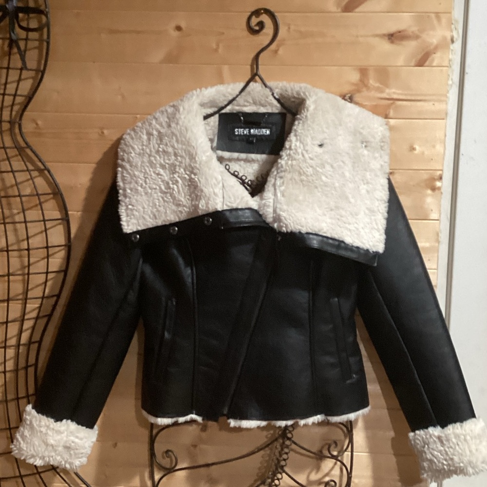 Steve Madden Black Leather Jacket with Cream Accents